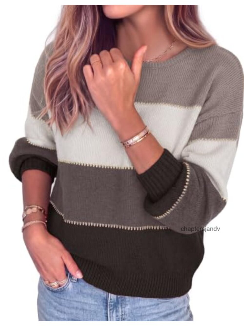 Womens Oversized Color Block Pullover Sweater Crew Neck Polyester